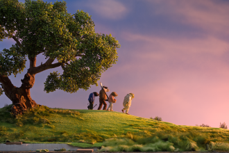 Wind in the willows characters are walking into the sunset towards a wilder future
