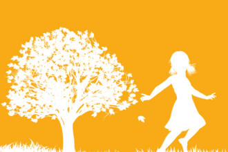 Silhouette of a girl dancing on grassy ground next to a tree