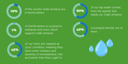 Statistics showing that only 1% of our land is wetland or rivers which feed our chalk sreams, 45% of our rivers are considered in poor condition and 60% of our tap water comes from acquifers which feed our chalk streams