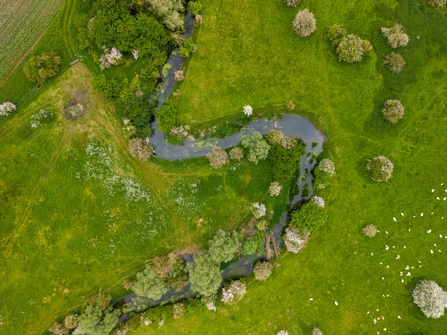 A birdseye view of the River Hiz winding between green fields. The banks of the river are dotted with clumps of trees.