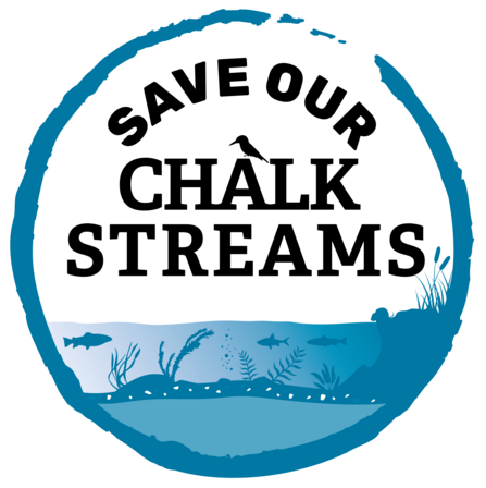 Badge like shape with the text Save Our Chalk Streams on white background with blue edge and sketched blue river scene below
