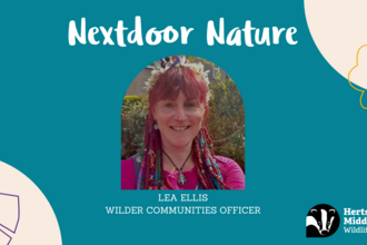 Nextdoor Nature logo above an image of Lea Ellis, the Wilder Communities Officer for Dacorum