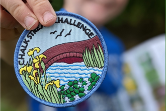 Close up of a Chalk Stream Challenge badge (embroidered river going under a bridge with yellow Irises on the banks) being held by a child who is out of focus