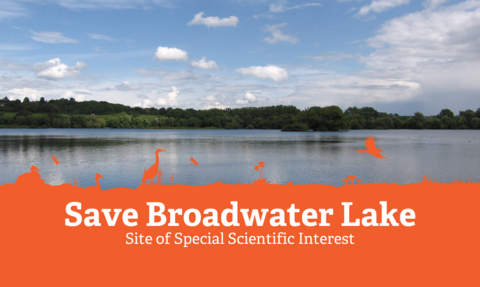 Large still lake bordered by trees on a bright day, the blue gently clouded sky is reflected in the lake’s surface. Orange graphic on the bottom large text reads "Save Broadwater Lake", small text reads "Site of Special Scientific Interest"