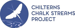 Round blue circle with a white mayfly and water wiggle lines next to text reading Chilterns Chalk Stream Project