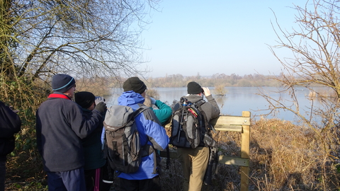 A group of people wearing hats and rain coats gathered at a view point in a gap between trees on a clear winter day. They are looking out over a large flat lake fringed with bare deciduous trees to spot birds. 