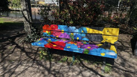 Bench painted in colourful flowers