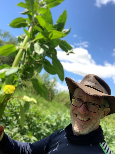 A photograph of Peter White volunteering. He is wearing a brown hat and glasses and is removing an invasive plant.