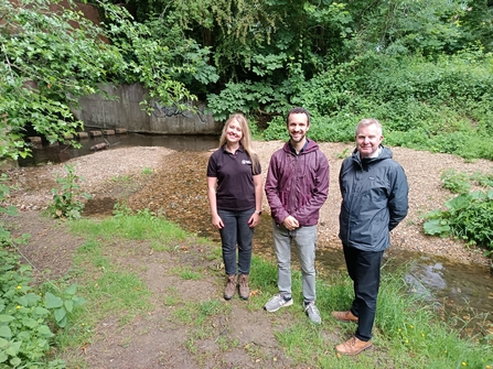 Sarah Perry, River Catchment Coordinator, Chris Hinchliff MP, and Tim Hill Conservation Manager at Buntingford