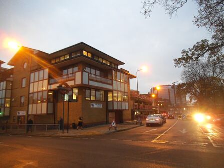 Building in Harrow at twilight