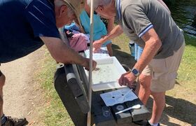 Carers in Hertfordshire river dipping at Stanborough Park and examining their finds on a park bench