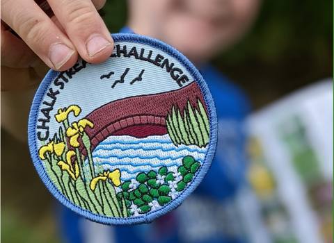 Close up of a Chalk Stream Challenge badge (embroidered river going under a bridge with yellow Irises on the banks) being held by a child who is out of focus