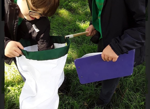 Two children, approximately ten years old, peer into a sweep net to identify insects caught inside